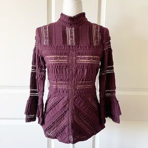 Cinq a Sept Antonia Lace Long Bell Sleeve Turtleneck Top Size Medium